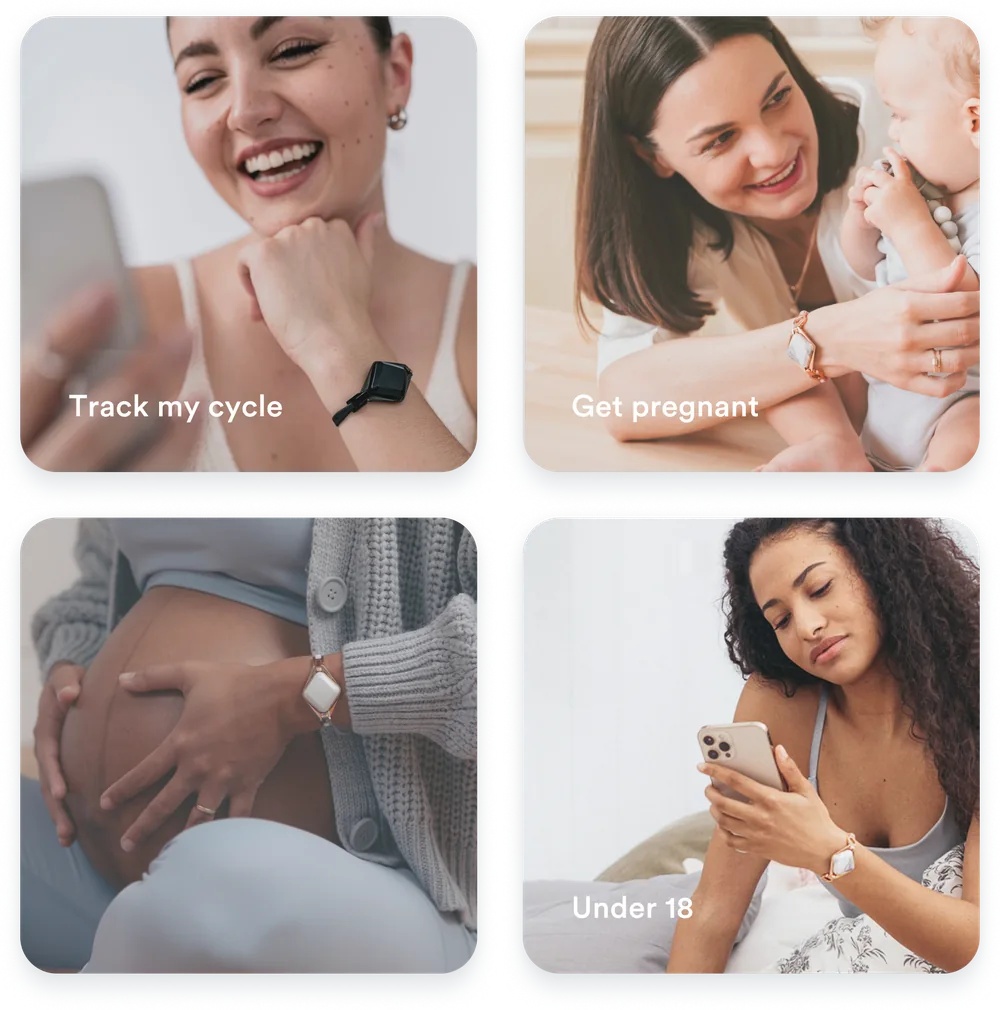 IvyHealth's four member goals: Track my cycle, Get pregnant, Pregnancy, and Under 18 — women wearing the Ivy sensor bracelet